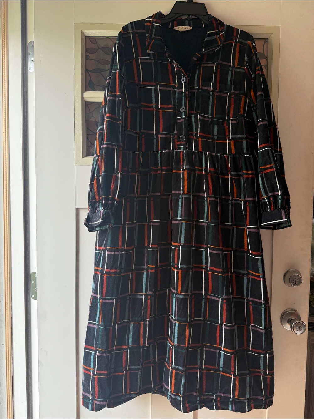 Corduroy Black Plaid Long-Sleeve Midi Dress with Multicolor Windowpane